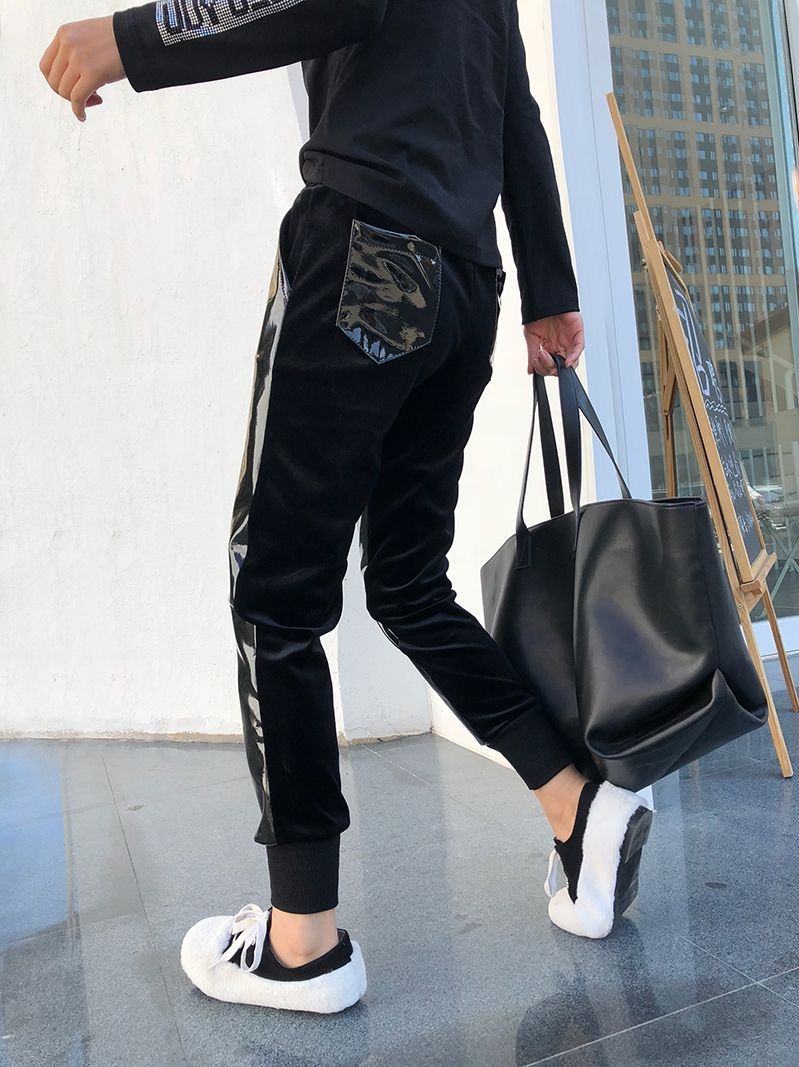 Elastic Waist Bright Leather Velvet Track Pants